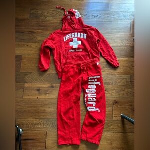 Lifeguard Hoodie (M) & Pants (S) Mens Red Jersey Shore Pullover Sweatshirt Beach